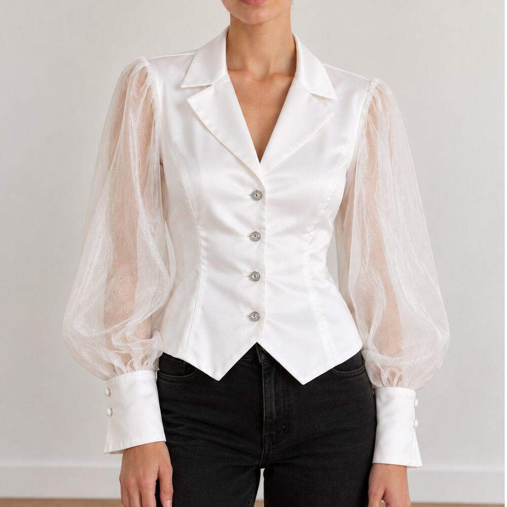 Vintage Adrianna Papell Satin Blazer Top Size 16 Sheer Organza Balloon Sleeve